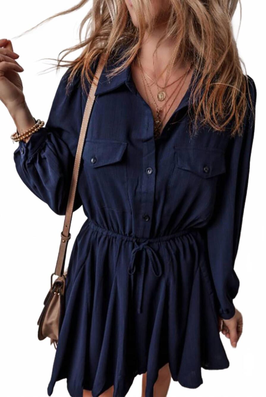 NEW LEGEND OR LIES solid chest pockets tunic shirt mini dress in navy